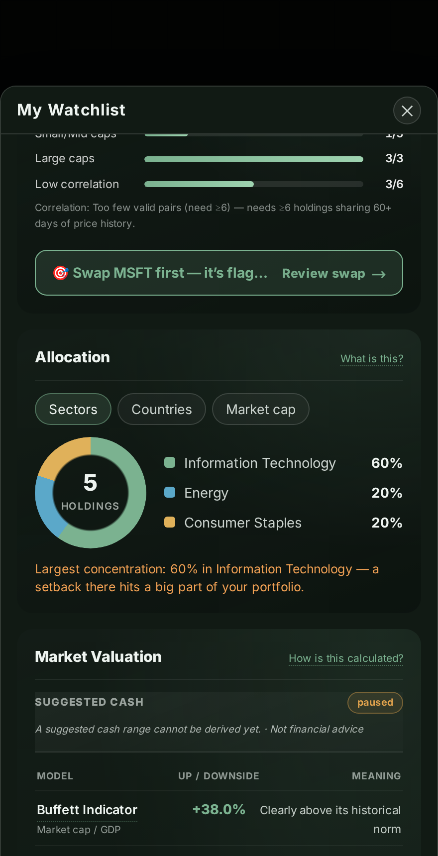 Sector allocation with concentration warning