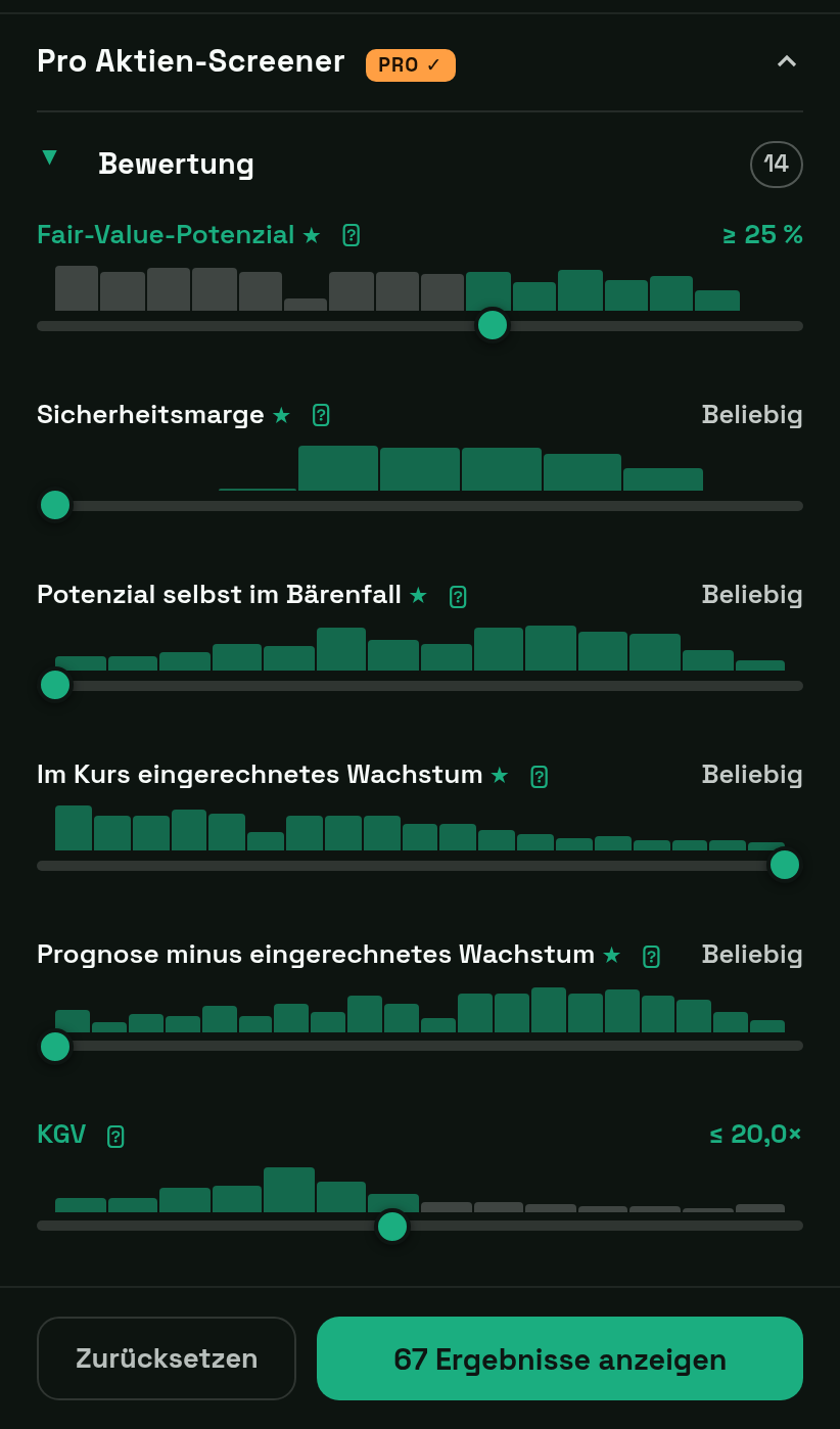 Pro-Screener im Fair Value Calculator: Trefferzahl und Verteilung je Regler