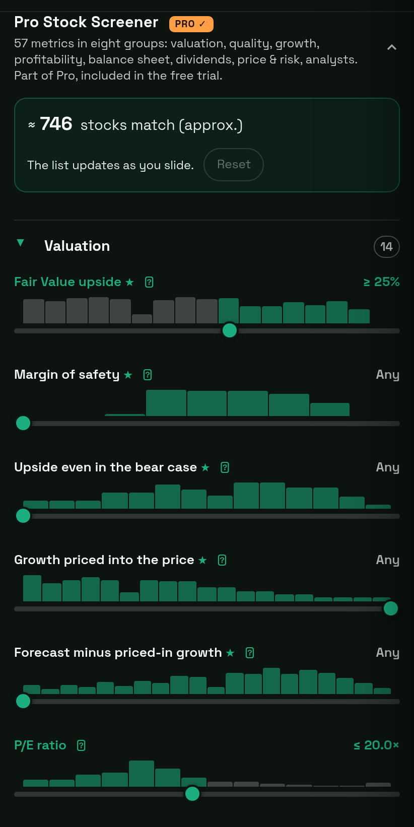 Pro screener in the Fair Value Calculator: match count and distribution per slider