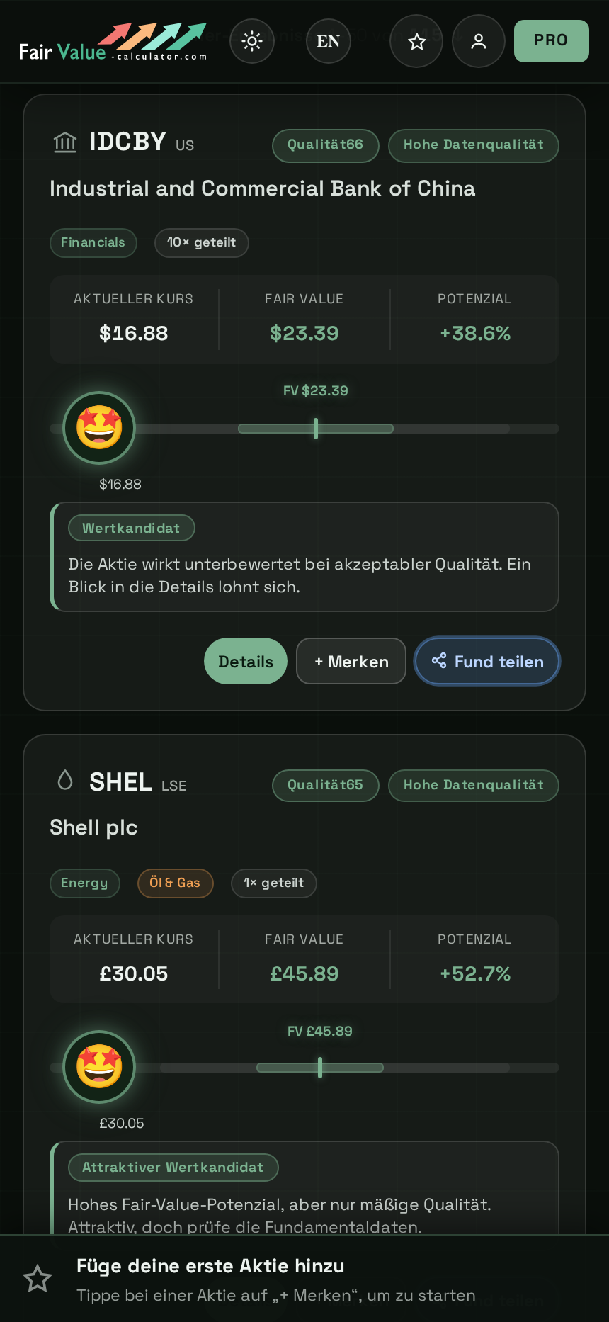 Screener-Trefferliste mit Fair Value und Potenzial