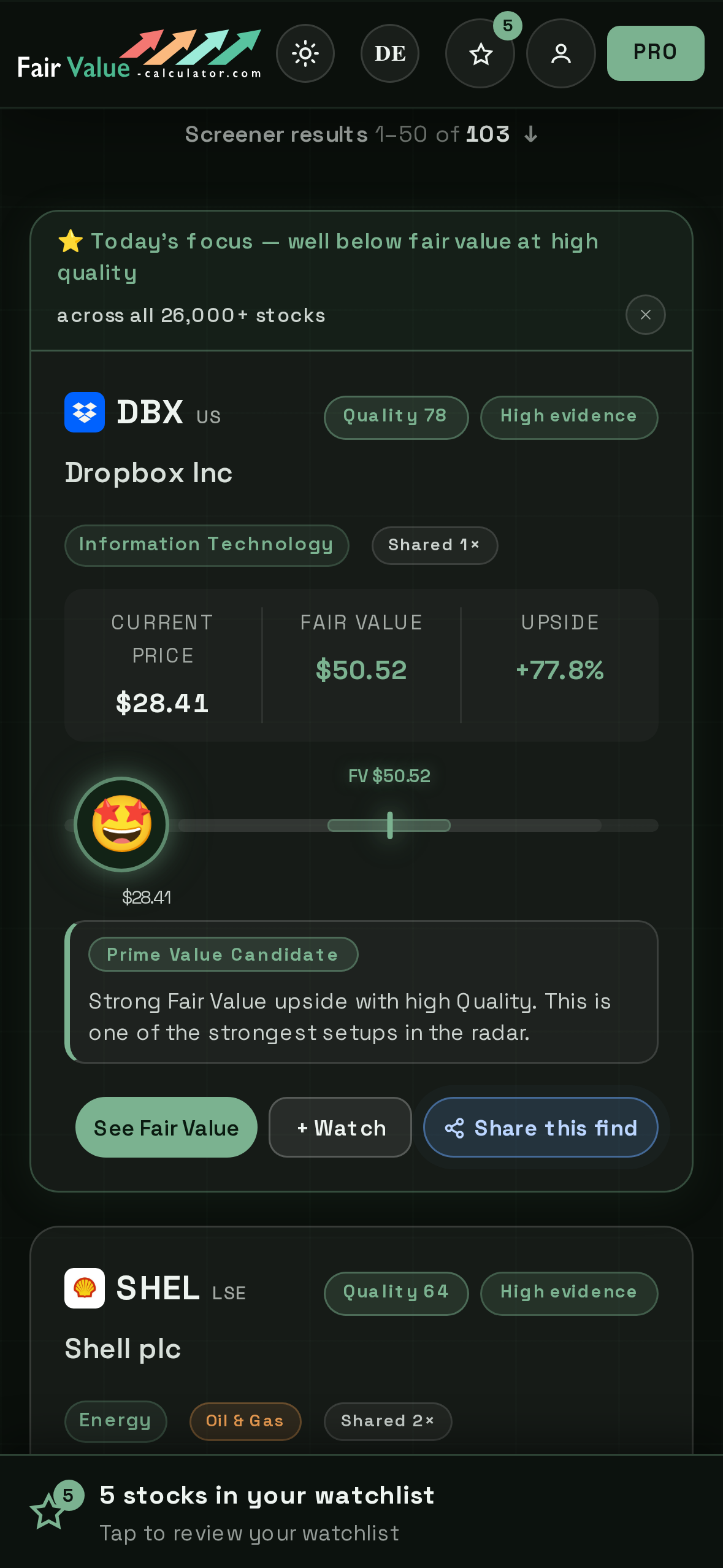 Screener results with fair value and upside