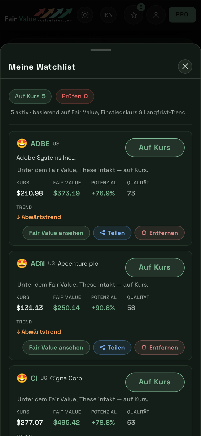 Watchlist im Fair Value Calculator mit Auf-Kurs-Signalen