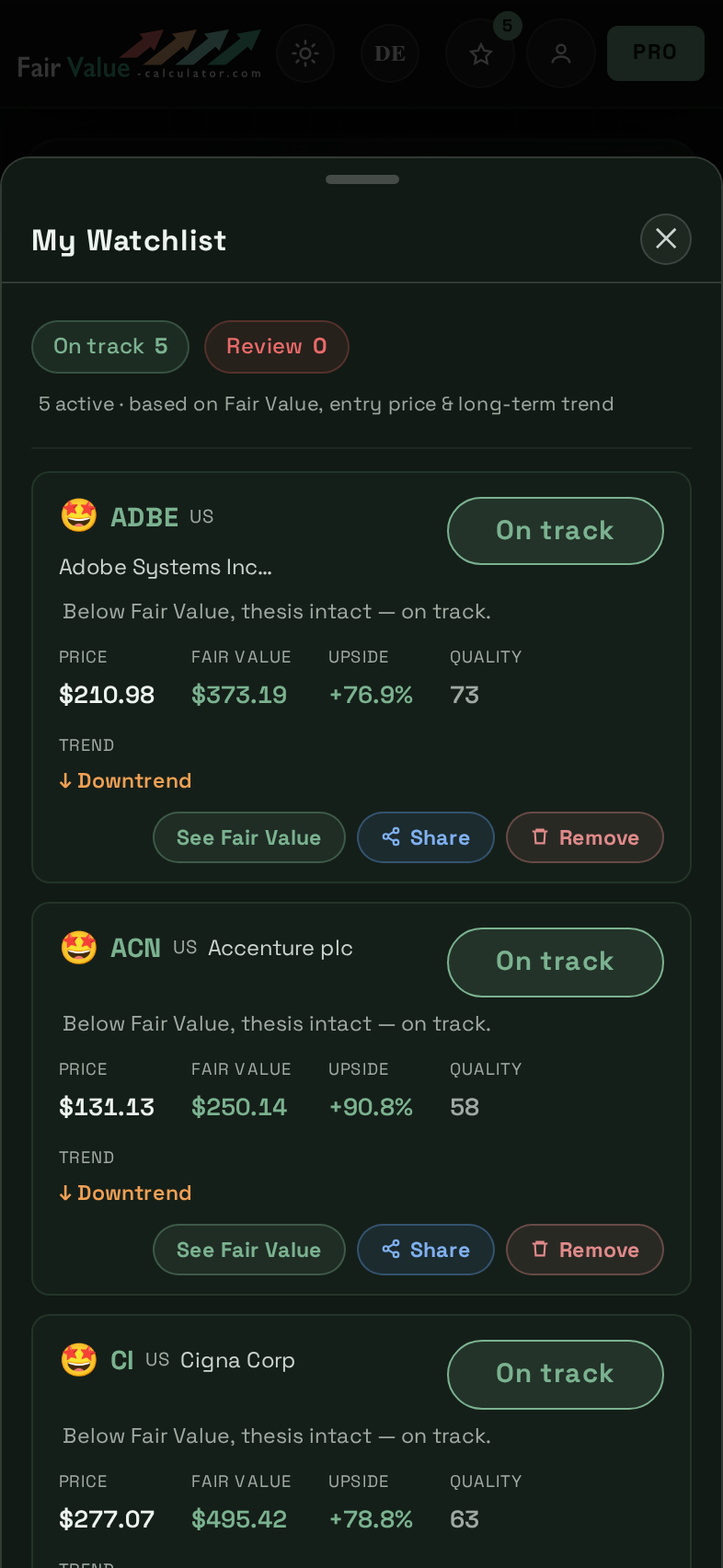 Watchlist in the Fair Value Calculator with on-track signals